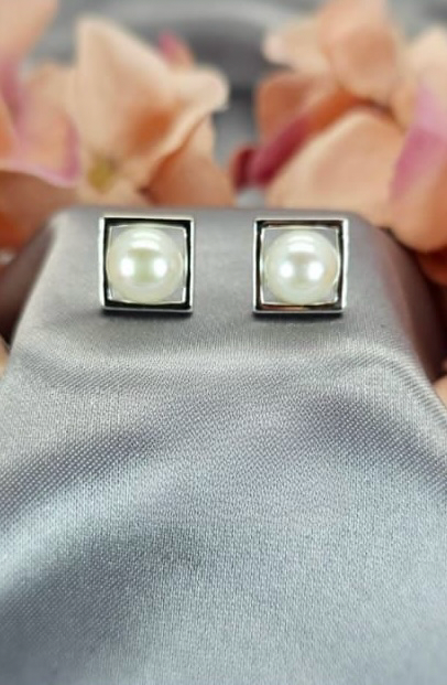 Sterling silver square studs with freshwater 12mm freshwater pearl