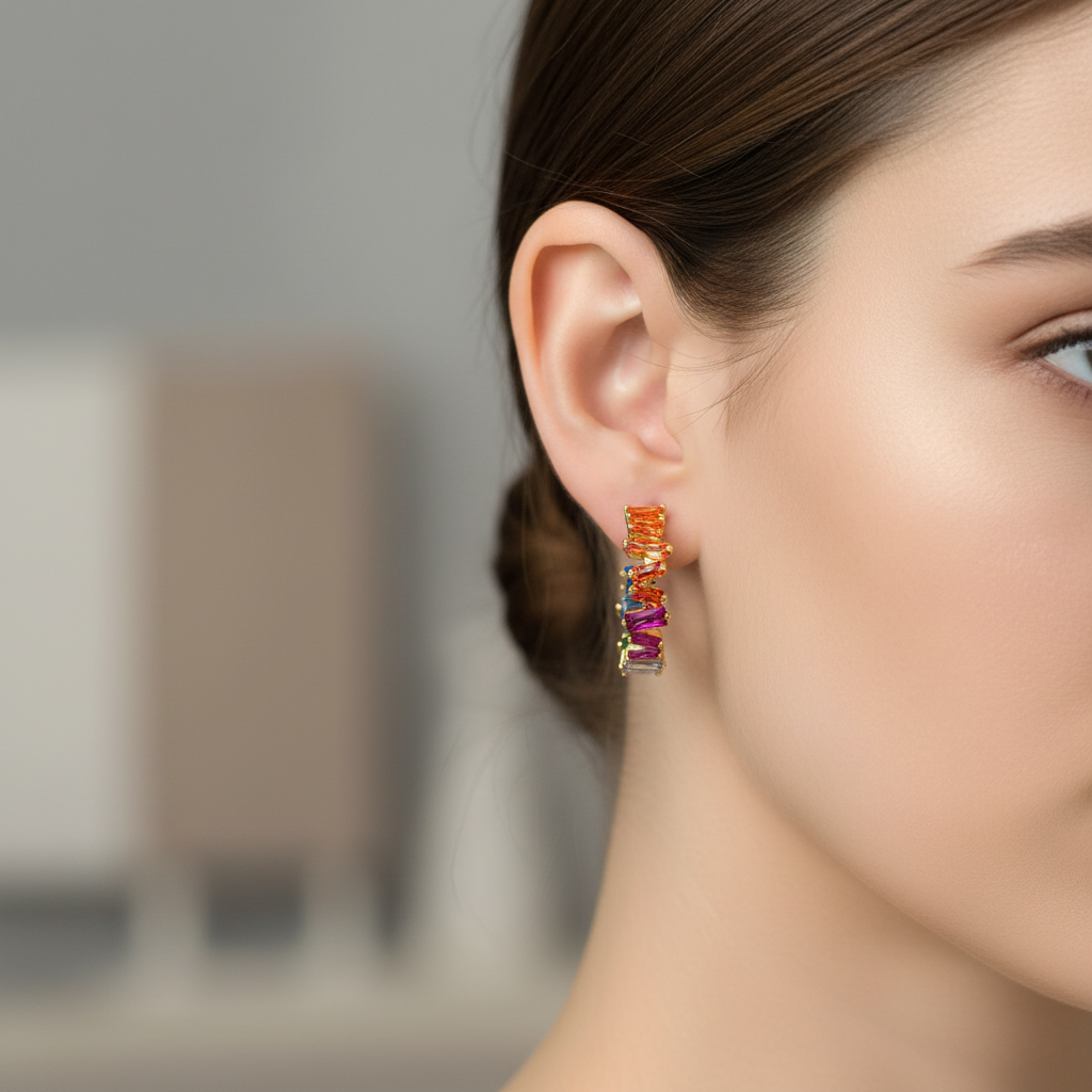 Golden Hoops With Baguette Stones In Front And In Hoop - Terciany 