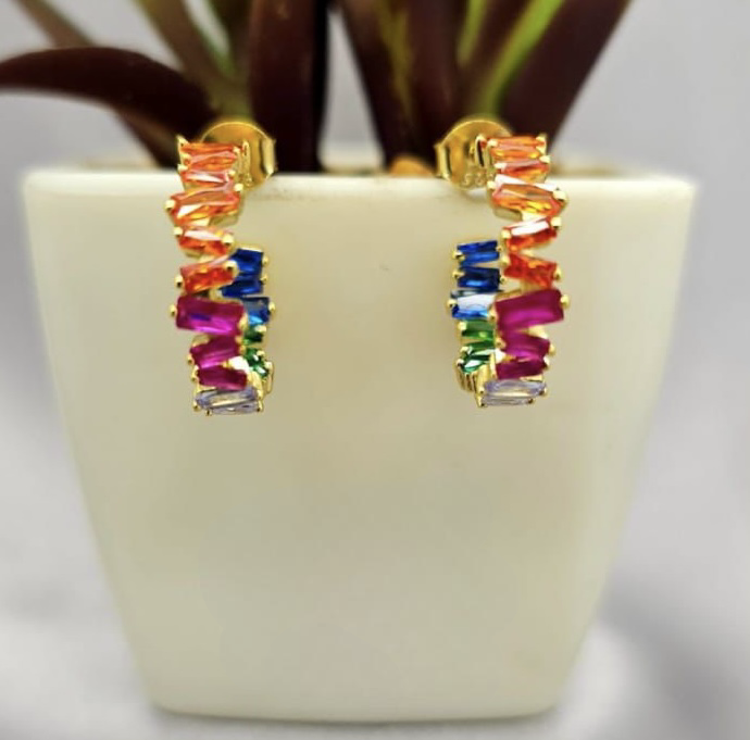 Golden Hoops With Baguette Stones In Front And In Hoop