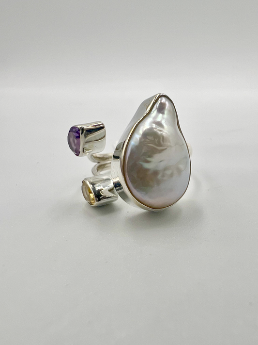 Sterling Silver Ring with Pearl and Two Semi-Precious Stones