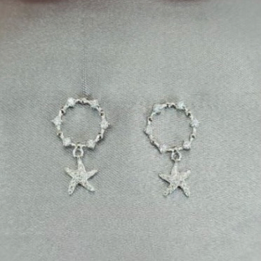 A pair of sterling silver stud earrings with a cubic zirconia circle and a star charm on the end, displayed against a light background.