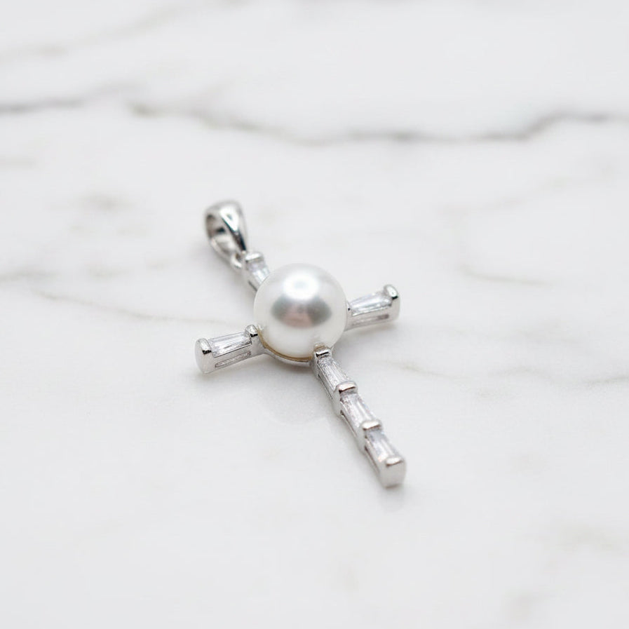 Sterling Silver Cross With Cubic Zirconia Detail And Freshwater Pearl - Terciany 
