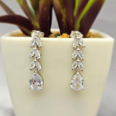 Pair of teardrop-shaped earrings in front of a potted plant.