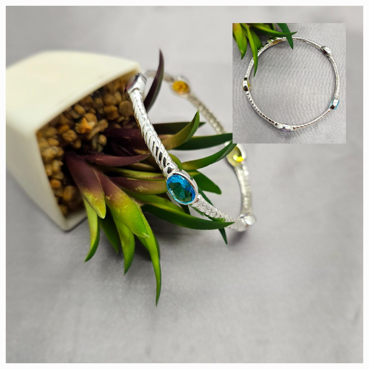 Sterling Silver Bangle With Rainbow Colour Stones