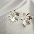 A pair of sterling silver floral earrings with a geometric pattern, displayed against a textured grey backdrop.