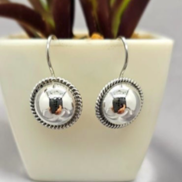 A pair of sterling silver half circle hanging earrings displayed in a white vase with a green plant background.