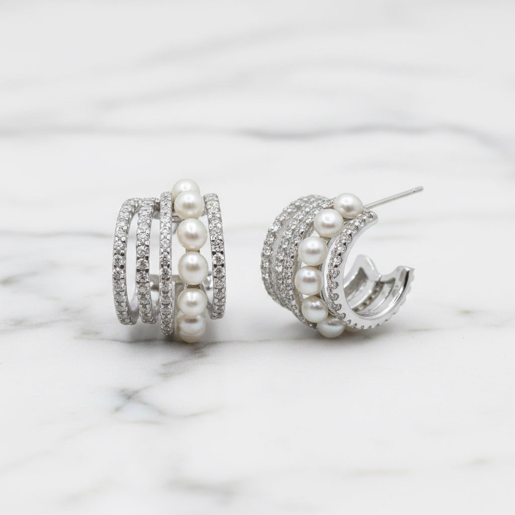 Beautiful 17mm Hoops With Cubic Zirconia And Freshwater Pearl Detail - Terciany 
