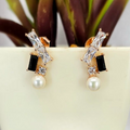 A pair of rose gold-colored earrings with black freshwater pearls and cubic zirconia accents, displayed in a white vase with a green plant in the background.