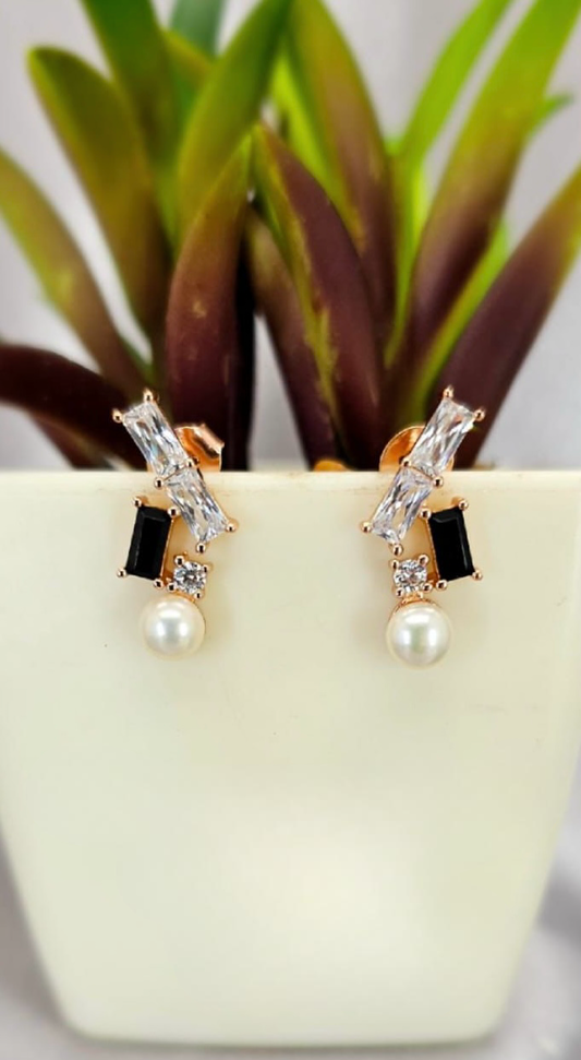 Awesome rose gold, black, freshwater pearl and cubic combination earrings