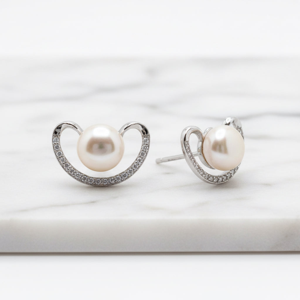 Pavé Half Moon Studs With Freshwater Pearls - Terciany 