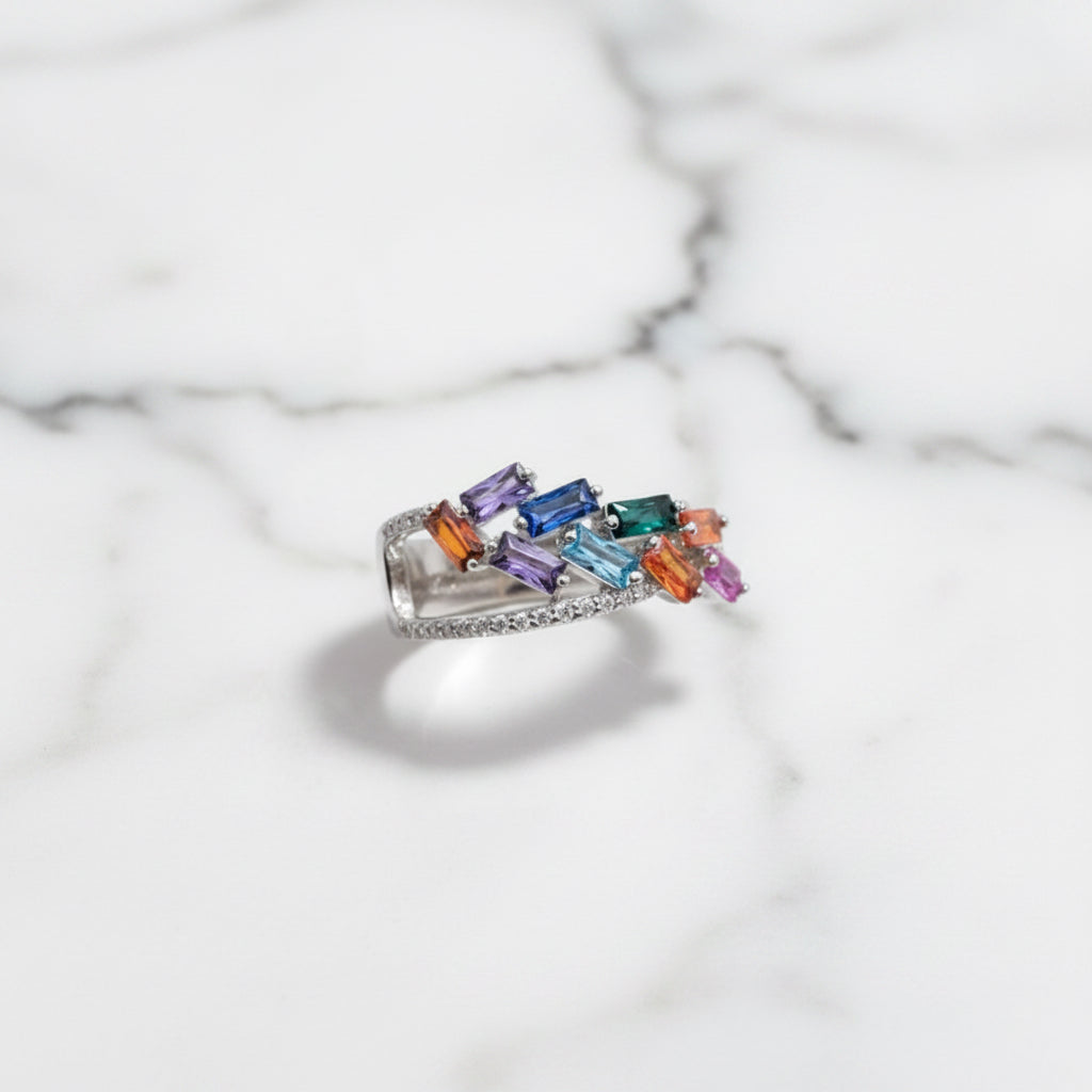 Stacks Of Rainbow Baguette Stones Ring