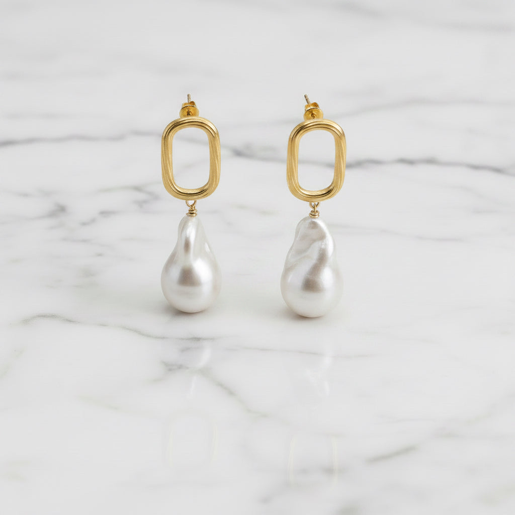 Open Rectangular Drop Earrings With Baroque Pearl