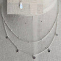 Silver necklace with star-shaped pendants on a gray background