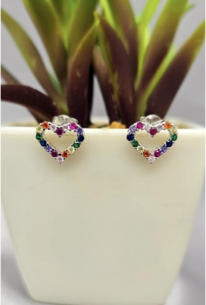 Cubic zirconia 10mm heart studs with rainbow coloured stones
