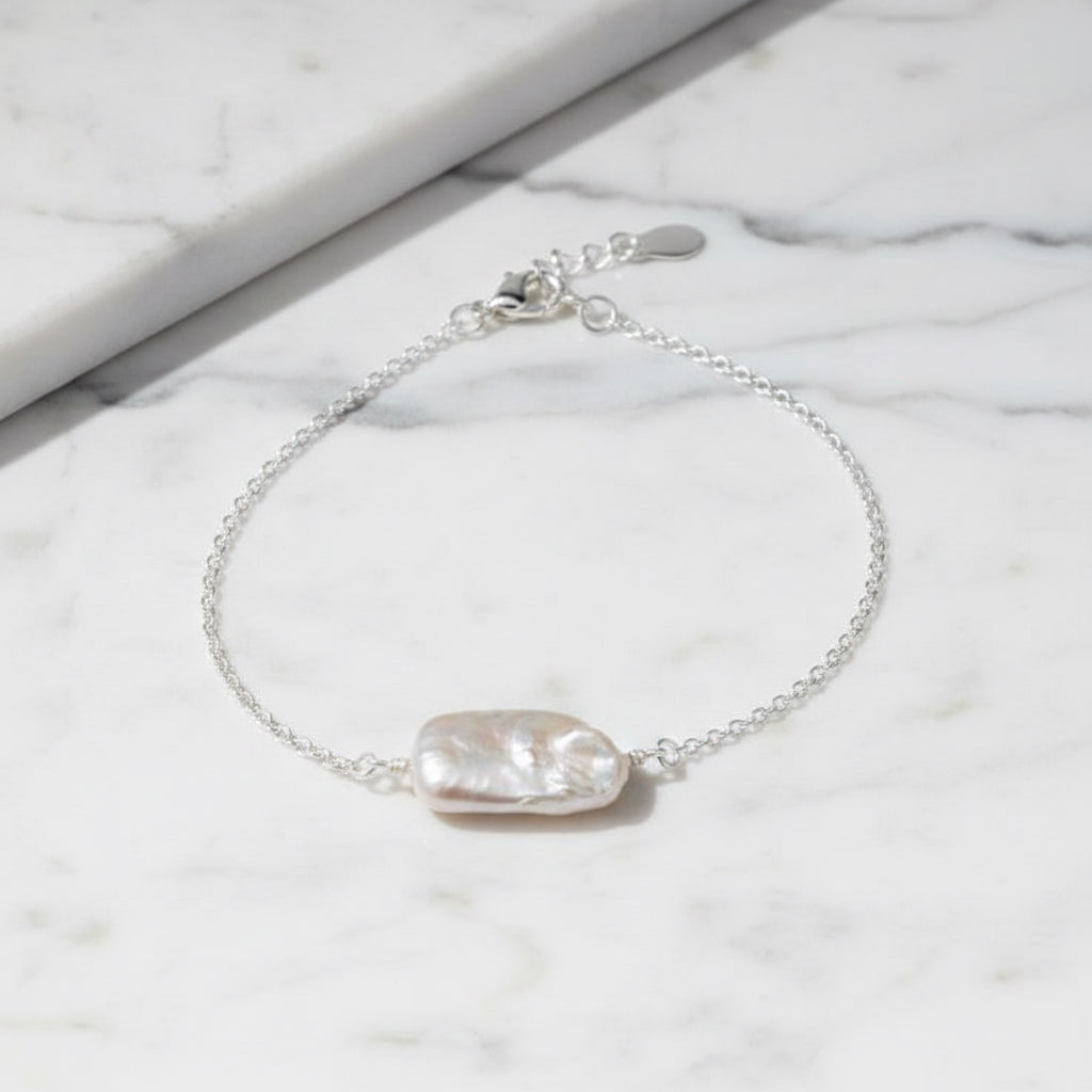 Tiny Rectangular Freshwater Pearl And Sterling Silver Bracelet - Terciany 