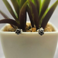 Sterling silver petite rose stud earrings displayed in a white pot with a green plant.