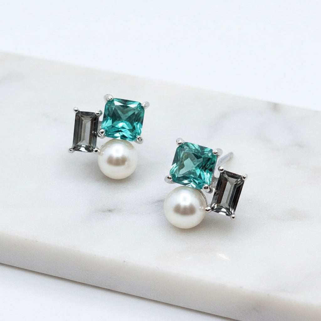 Green, brown and pearl cluster stud earrings