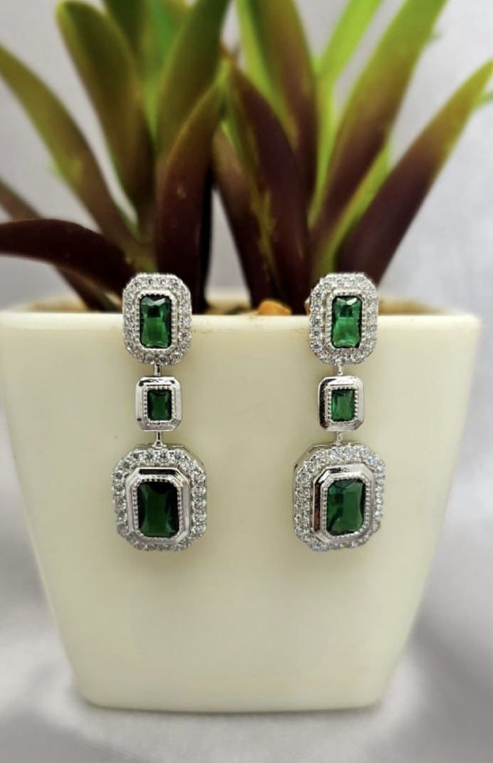 Emerald and white cubic zirconia drop earrings