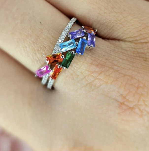 Stacks Of Rainbow Baguette Stones Ring