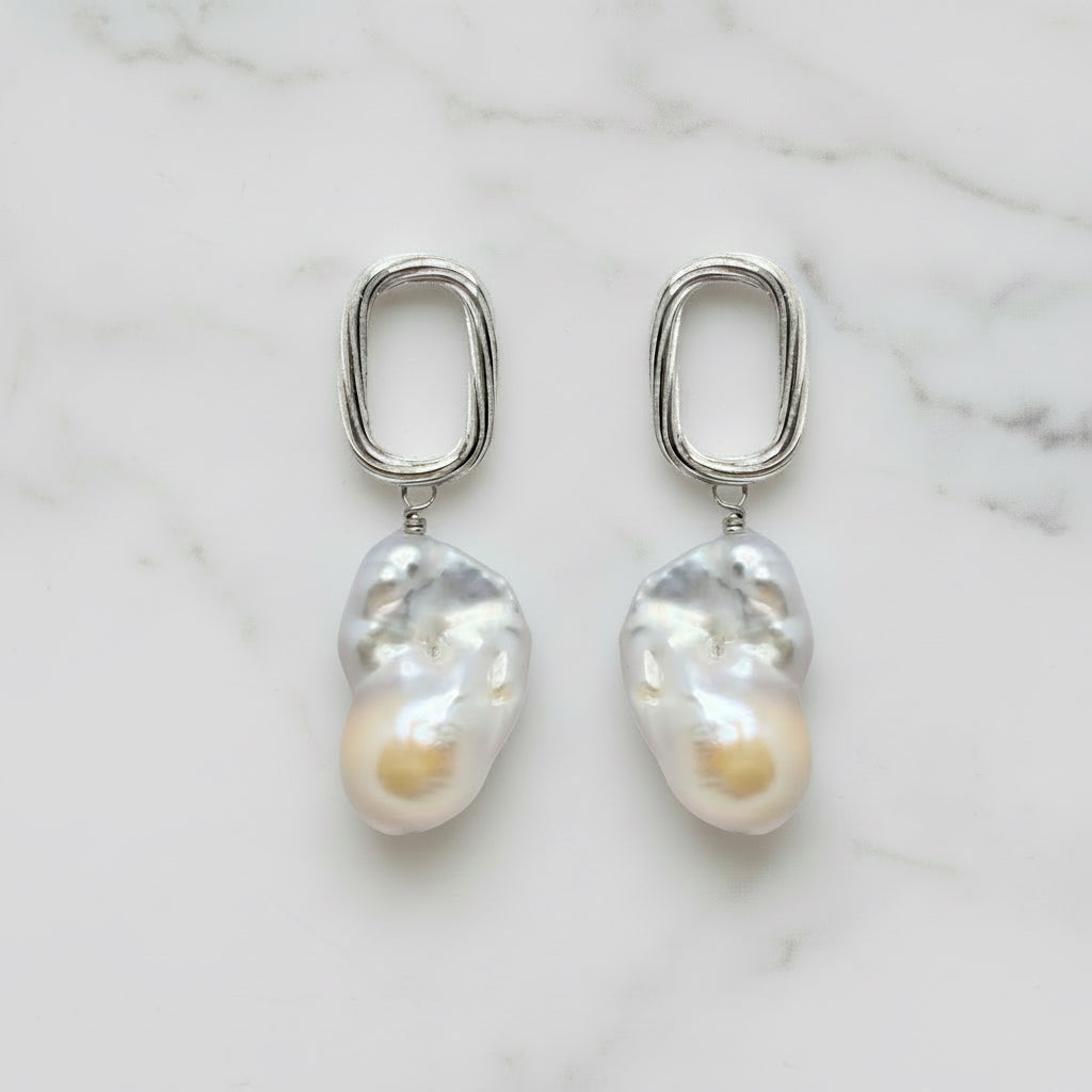Baroque Pearl Drops On Silver Twisted Rectangular Studs - Terciany 