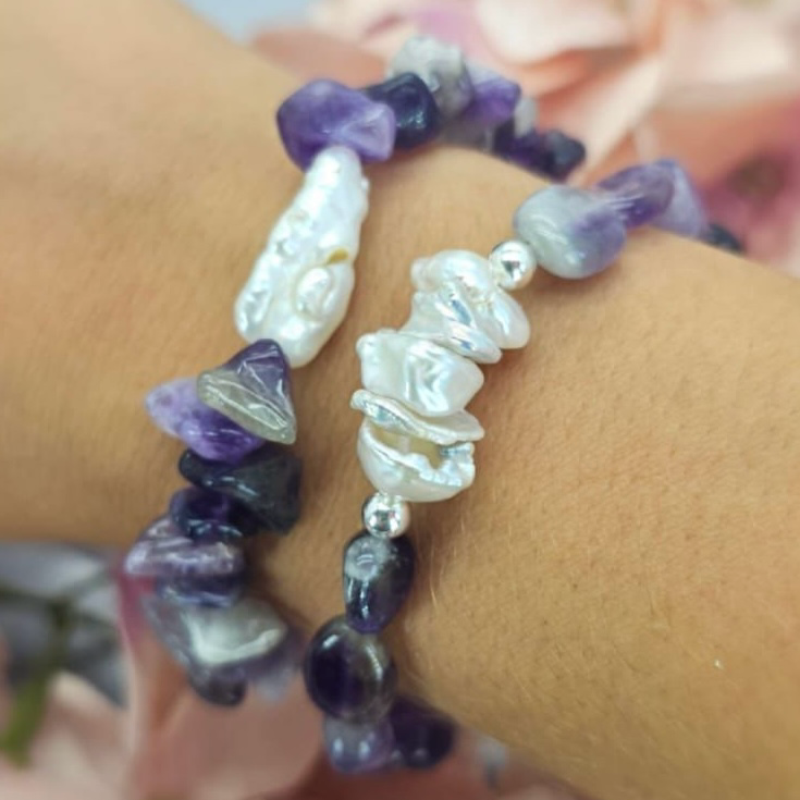 Semi Presious Stone And Freshwater Pearl Bracelets With Elastic Band