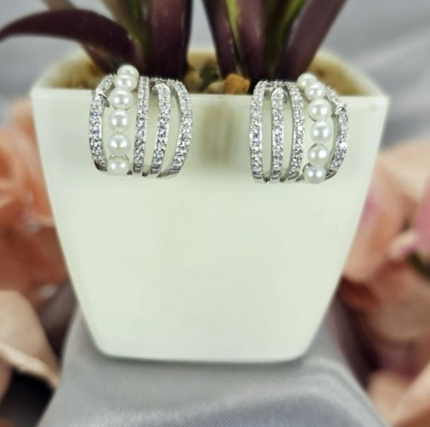 Beautiful 17mm Hoops With Cubic Zirconia And Freshwater Pearl Detail - Terciany 