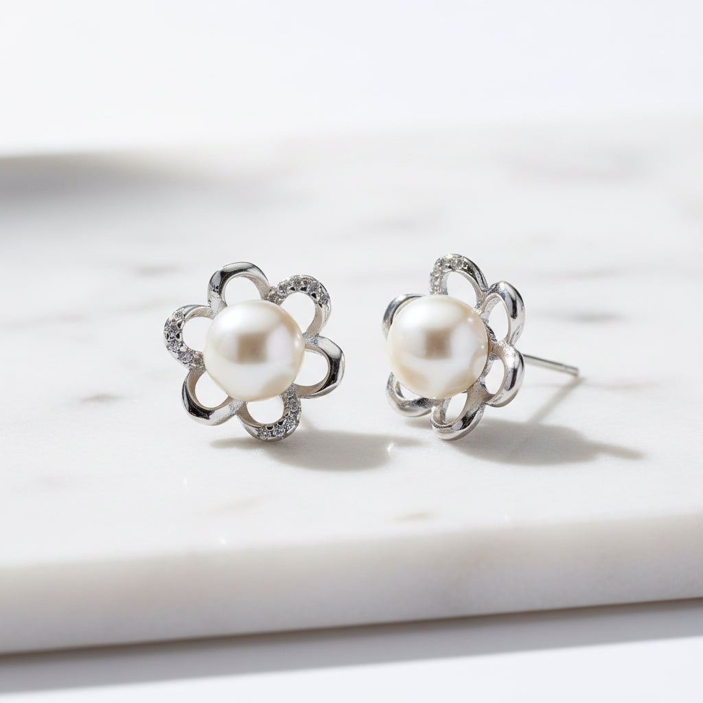 Sterling Silver Flower Pearl Studs - Terciany 