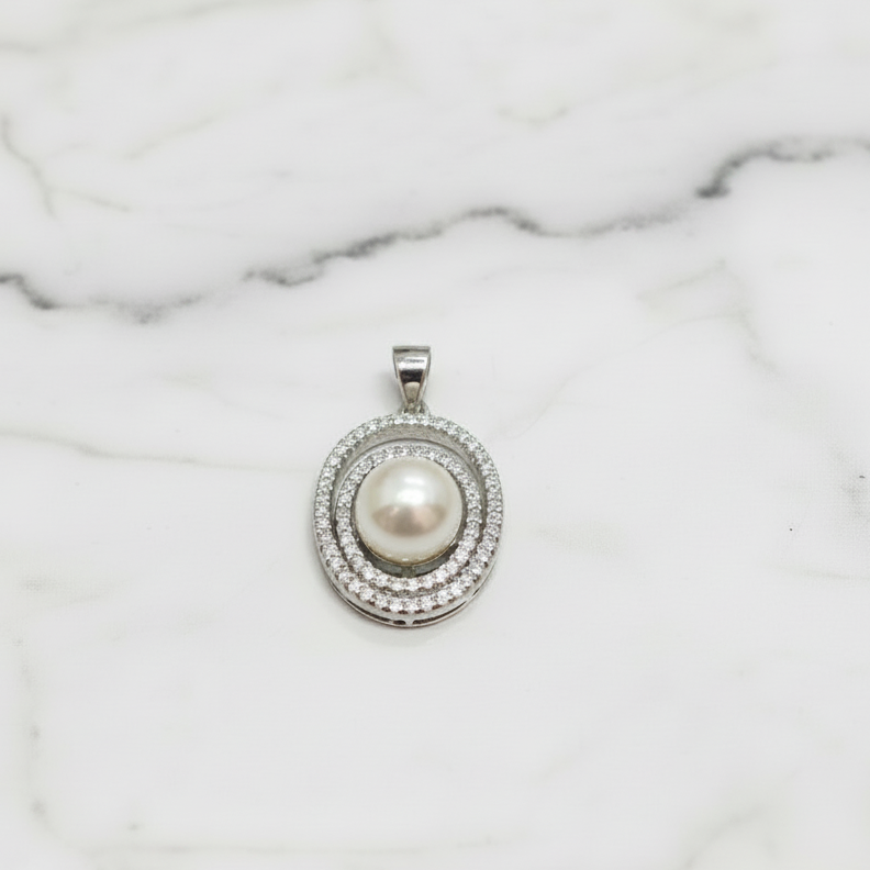 Double Circle Pendant With Cubic Zirconia Detail And Freshwater Pearl Centre - Terciany 
