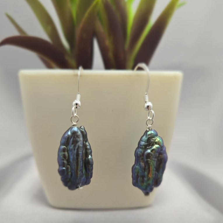 Pair of blue and purple earrings on a white surface with a plant in the background