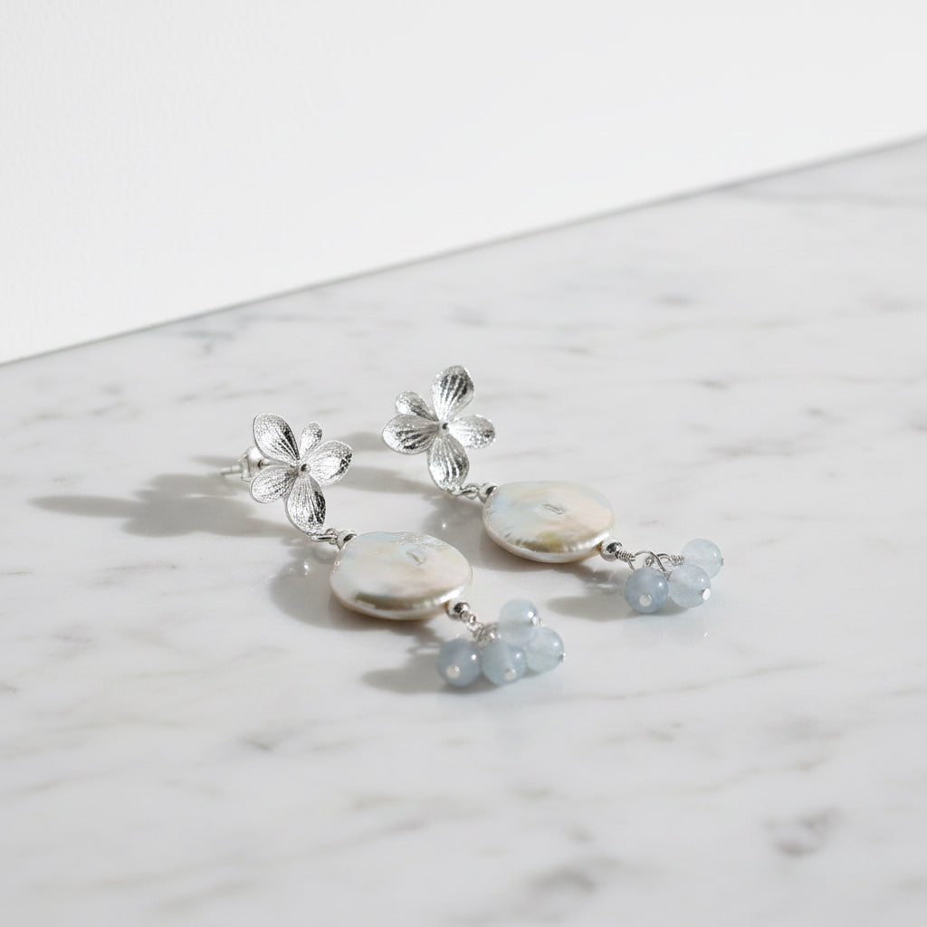Freshwater Pearl Flower Drops With Semi Precious Stone Dangly Drops On End