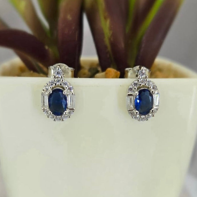 A pair of blue stud earrings with cubic zirconia stones, set in sterling silver, displayed in front of a potted plant.
