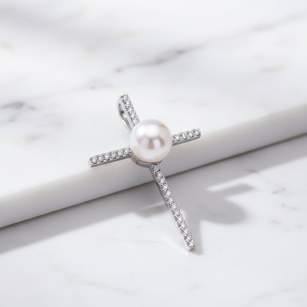 Modern Looking Pearl On Bling Cross - Terciany 