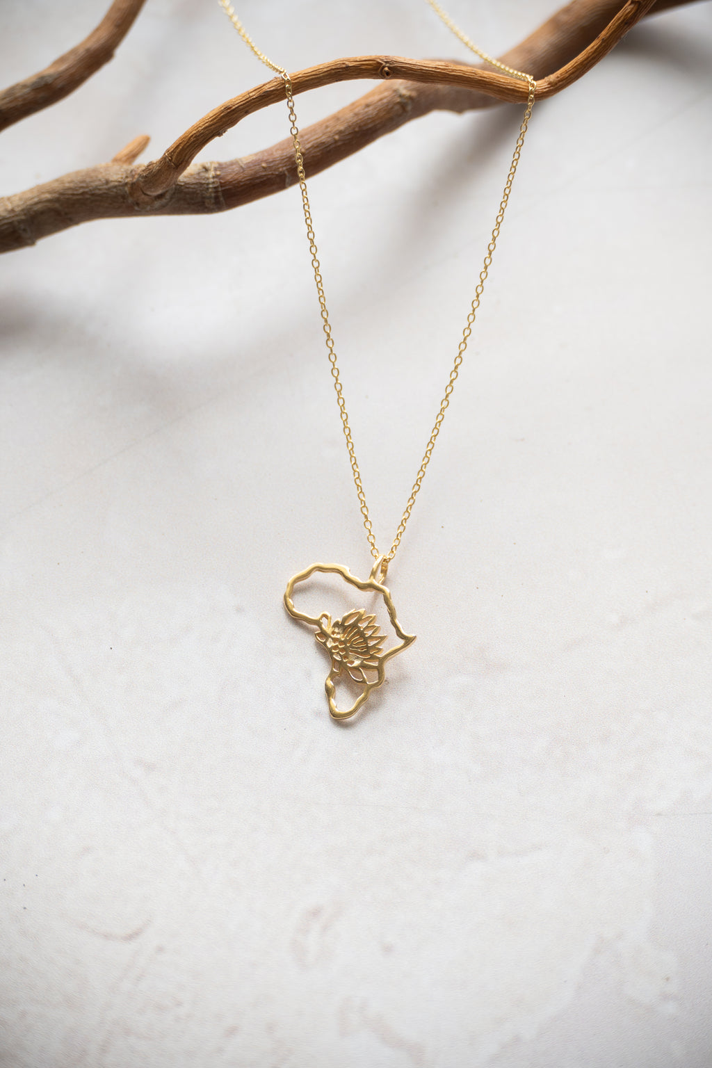 Africa Outline With Protea Inside Necklace In Gold Or Silver