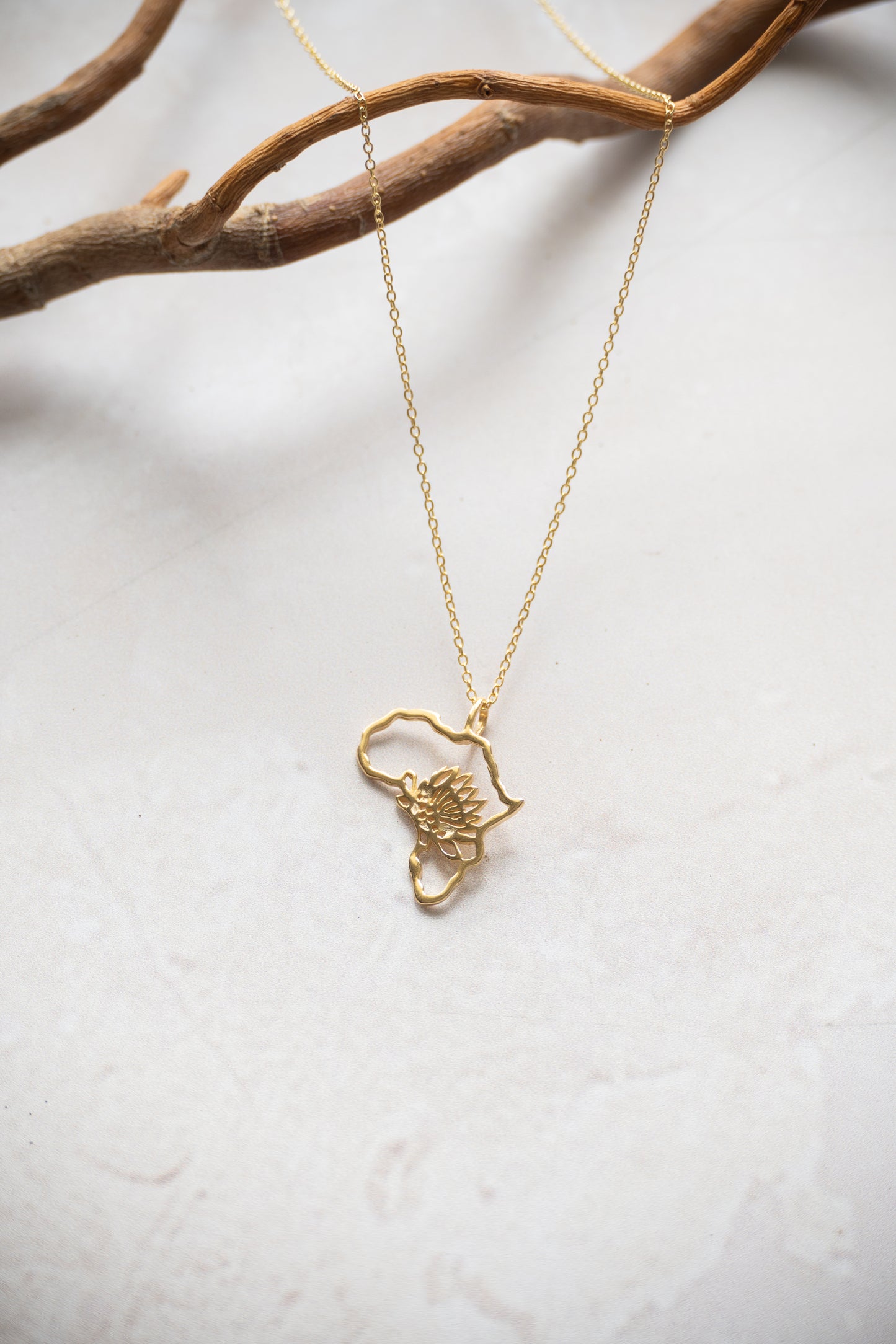 Africa outline with protea inside necklace in gold or silver