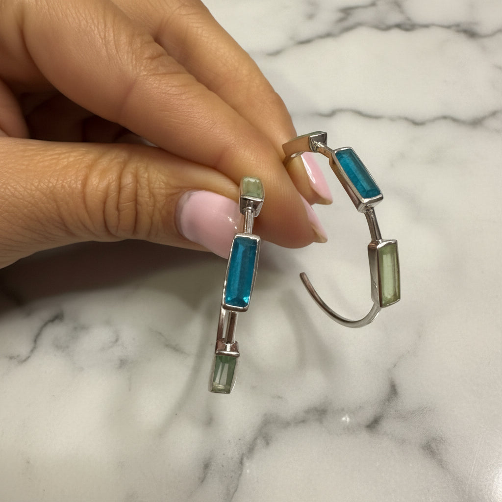 Silver Hoop earrings with Blue semi Precious stones