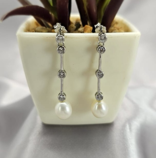 Long Drop Earrings With Cubic Zirconia Detail And Stunning Freshwater Pearl On End