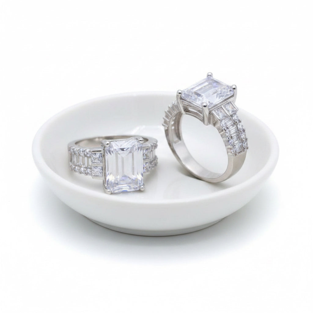 Stunning Rectangle Cubic Zirconia Statement Ring With Baguette On Band