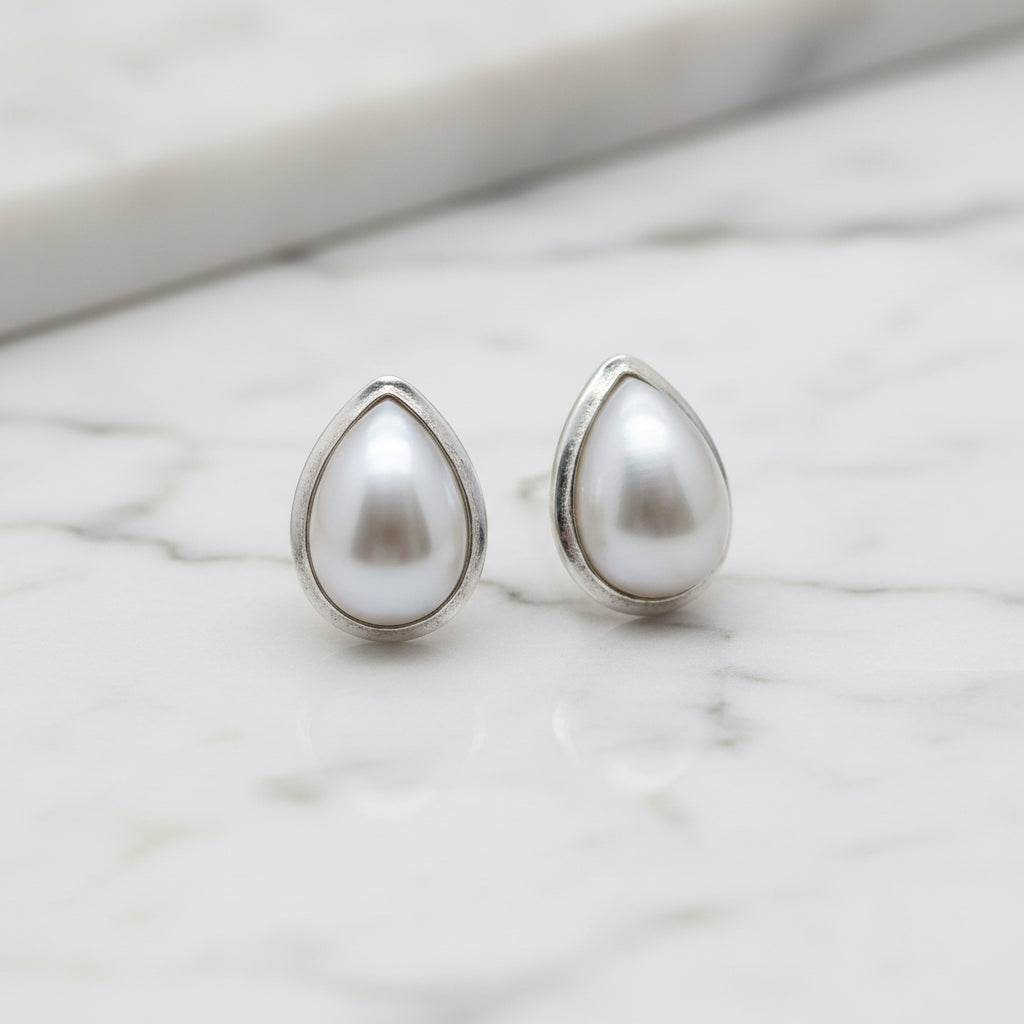 Teardrop Pearl Stud Earrings In Tube Setting