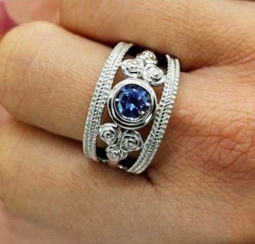 Sterling Silver Flower Filigree Ring With Blue Cubic Zirconia