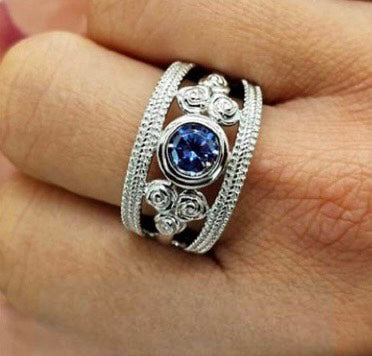 Sterling Silver Flower Filigree Ring with Blue Cubic Zirconia