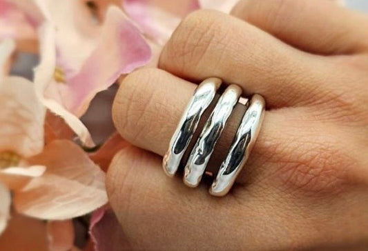 Statement Solid Sterling Silver Three Band Ring