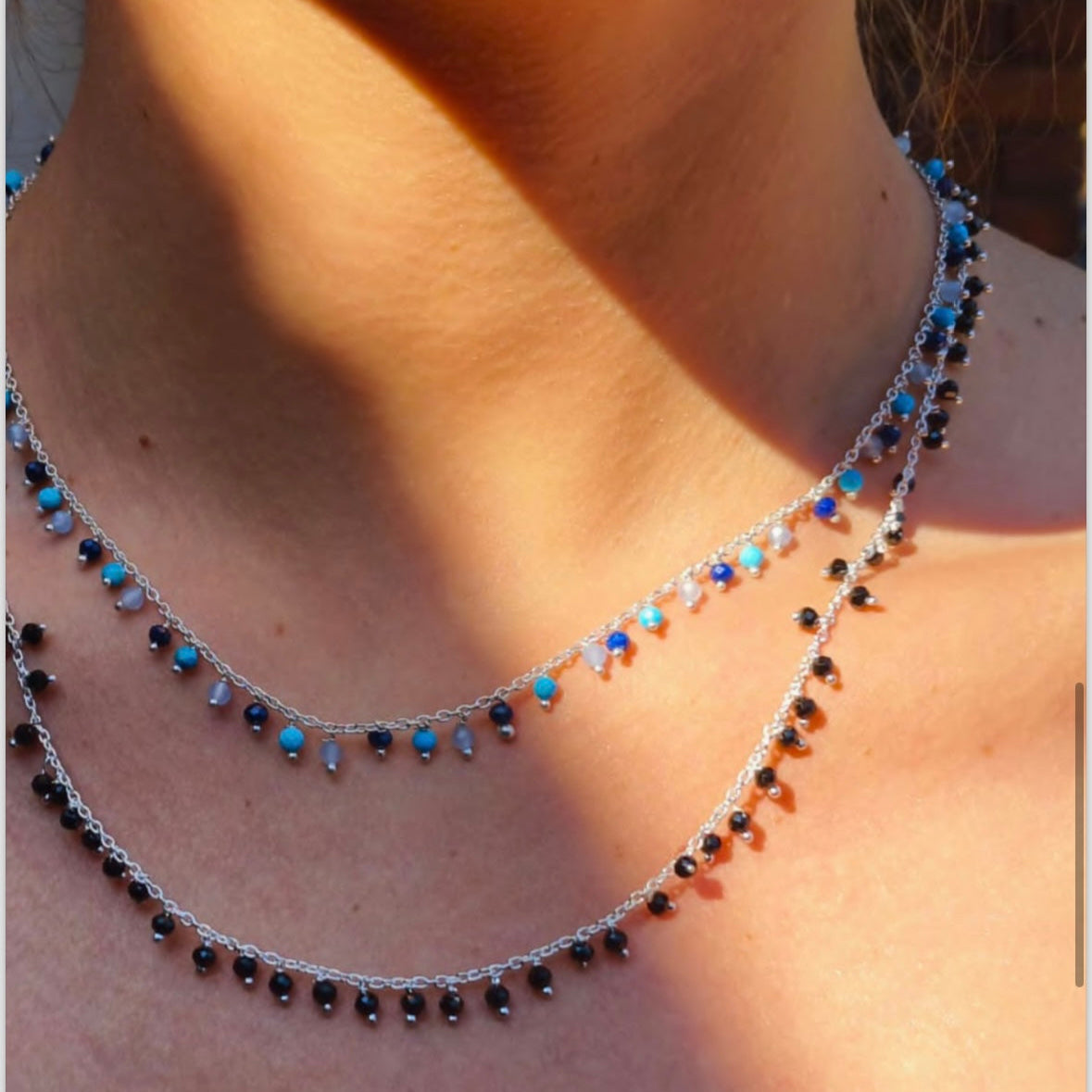 Sterling Silver Necklace With Lots Of Dangling Black Spinal Semi Precious Stones