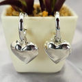 A pair of sterling silver heart-shaped drop earrings displayed in front of a potted plant.