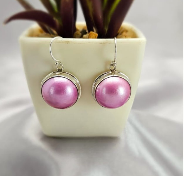 Stunning 16 Mm Pink Mabe Drop Earrings Set In A Solid Sterling Silver Base