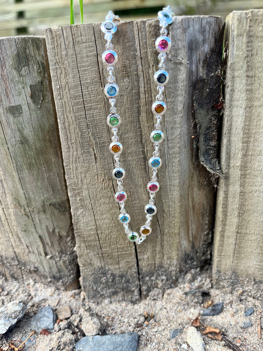 Sterling silver necklace with rainbow coloured cubic zirconia