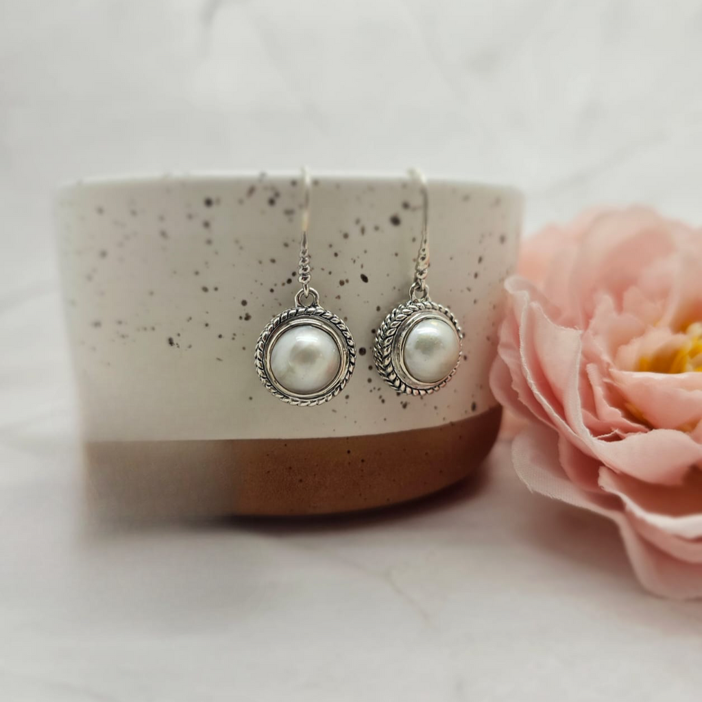 16Mm Mabe Pearl Drop Earrings With Stunning Filigree Setting
