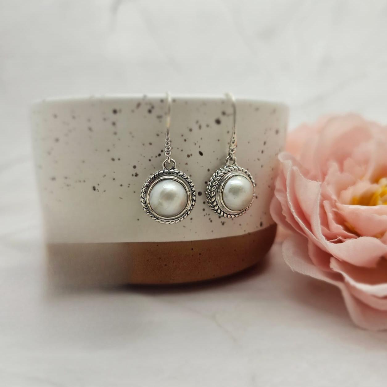 16Mm Mabe Pearl Drop Earrings With Stunning Filigree Setting