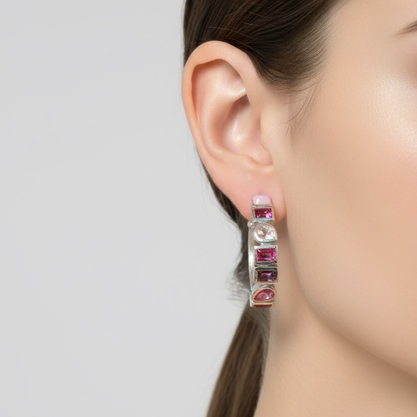Semi Precious stone Ombre pink Hoop earrings