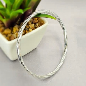A sterling silver rope chain bangle bracelet displayed on a white surface with a small potted plant in the background.
