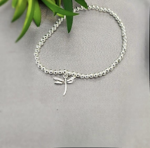 Sterling Silver 3 Mm Ball Elastic Bracelet With Dragonfly